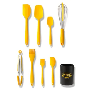 Juego de 8 utensilios de cocina de silicona amarilla con soporte de cubo negro