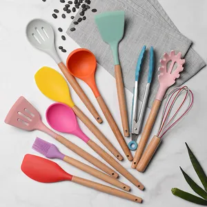 Colorful 11-piece silicone kitchen utensil set with heat-resistant wooden handles