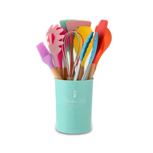 Macro view of 11-piece colorful silicone kitchen utensil set with natural wooden handles