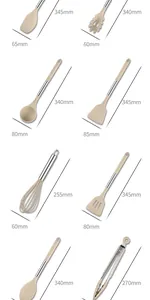 Detailed dimension specs for silicone kitchen utensils with stainless steel handles