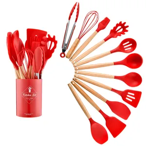 Full 11-piece red silicone kitchen utensil set with wooden handles and matching bucket
