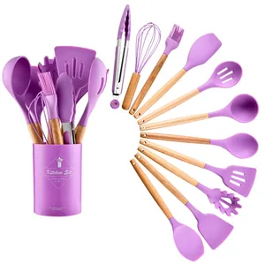11-piece purple silicone kitchen utensil set with wooden handles and storage bucket