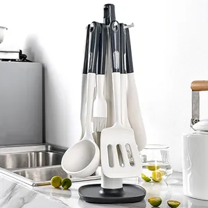 Modern Silicone Kitchen Utensils Cooking Tool Collection Heat Resistant Non-Stick Turner Soup Spoon Pasta Claw Tongs With Rotating Storage Stand