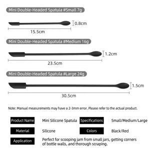 Mini silicone spatula set with dimensions for small, medium, and large sizes in black.