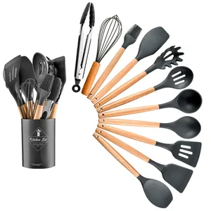 11-piece silicone kitchen utensil set with heat-resistant wooden handles and storage crock