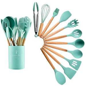 11-piece mint green silicone kitchen utensil set with natural wooden handles