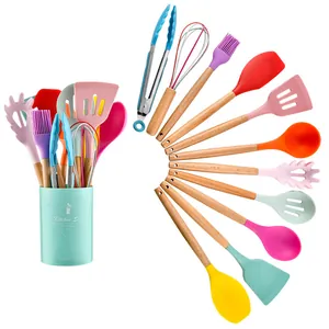 11-piece colorful silicone kitchen utensil set with wooden handles and storage bucket
