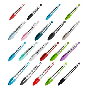 Pinzas de cocina profesionales de acero inoxidable con puntas de silicona multicolor