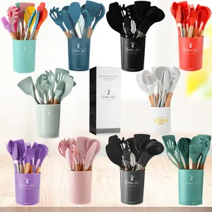 Heat Resistant Silicone Kitchen Utensils Set With Beech Wood Handle Non-Stick Cooking Spatula Turner Soup Spoon Whisk Tong Brush Cookware Kitchenware