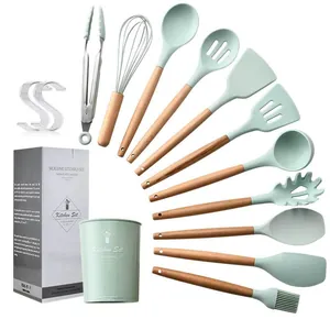 11pcs mint green silicone kitchen utensil set with wooden handles and storage bucket