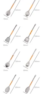 Detailed dimensions for grey silicone cooking utensils with durable wooden handles
