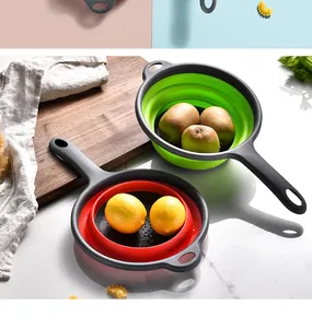 Collapsible silicone kitchen colanders with handles for washing fruit in a home setting