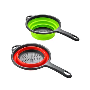 Set of professional red and green collapsible silicone colanders with long handles
