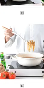 White silicone pasta fork with wooden handle lifting noodles from a white pot in a kitchen