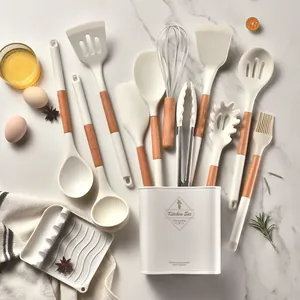 Silicone Kitchen Utensil Set With Wood Handle Heat Resistant Non-Stick Cooking Spoon Spatula Turner 12-Piece Kitchen Tools With Storage Bucket