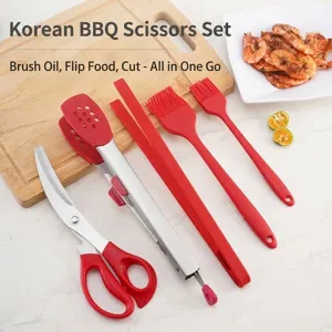 Koreanisches BBQ-Werkzeugset aus Edelstahl 304 mit roten Silikonbürsten und Zangen