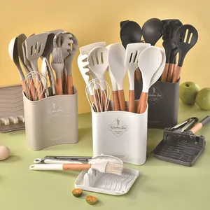 12-piece silicone kitchen utensils set with wooden handles and storage holder