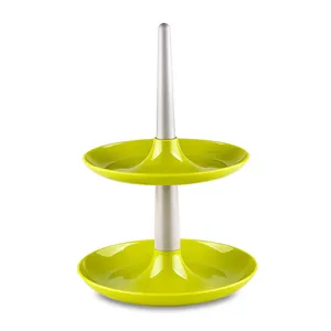 Two-tier ABS fruit and snack display stand, green tray with silver pillar for afternoon tea.
