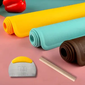 Tapete para Amasar de Silicona de Grado Alimenticio Engrosado Rodillo de Madera Raspador de Acero Inoxidable Con Escala Cocina