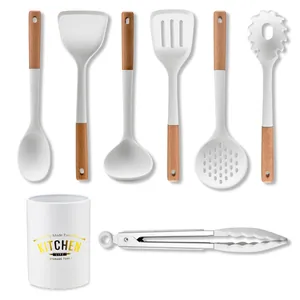 8-piece white silicone cooking utensils set with wooden handles and storage holder