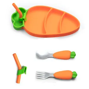 Silikon-Babygeschirrset in Karottenform mit geteiltem Saugteller Löffel Gabel und Strohhalm
