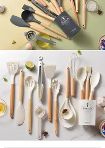 Full 14-piece silicone kitchen utensil set with wooden handles in grey and cream white colors