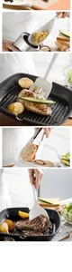 White silicone cooking utensils with wooden handles flipping steak in a grill pan