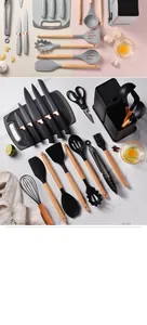 Detailed view of kitchenware set showing wooden handle silicone spatulas, knives, and storage holder.