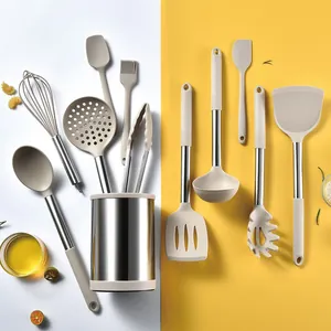 Silikon Küchenhelfer Set Mit Edelstahlgriff Und Drehbarem Halter Hitzebeständige Antihaft Kochutensilien Spatel Suppenlöffel Pfannenwender Schneebesen Zange Pinsel Profi Küchenwerkzeug Set
