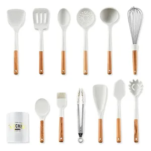 12-piece cream white silicone kitchen utensils set with wooden handles and storage bucket