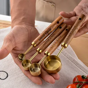Premium gold plated stainless steel measuring spoons set with natural wood handles