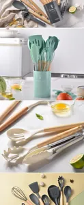 Close-up detail of heat-resistant silicone kitchen utensils with natural wood handles