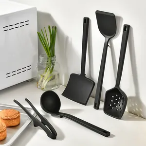 Heat-resistant 5-piece black silicone kitchen utensil set for professional cooking