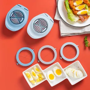 Multi-functional 3-in-1 egg slicer for uniform slices and wedges on a red background.