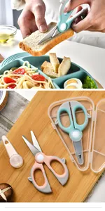 Detailed view of portable baby food scissors cutting bread and stored in a transparent case