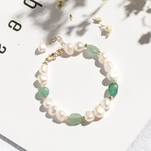 Elegant irregular freshwater pearl and green aventurine stone bracelet with gold clasp