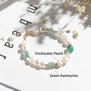 Elegant handmade bracelet with irregular freshwater pearls and green aventurine stones