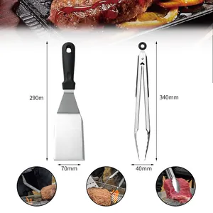 Heavy-duty stainless steel BBQ tool set featuring spatula and tongs with precise dimensions