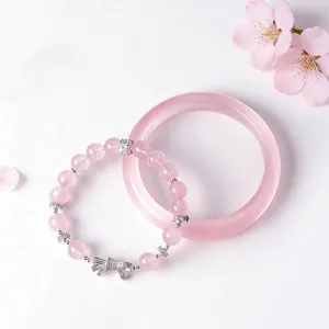 Natural Crystal Beaded Bracelet Bangle For Women Sweet Pink Lavender Quartz Chalcedony Butterfly Bow Rhinestone Jewelry