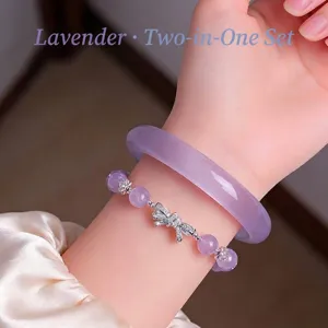 Lavender purple crystal beaded bracelet set with bow charm and bangle for women.