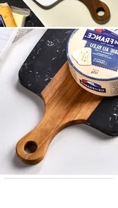 Detail view of the premium marble and acacia wood patchwork cheese cutting board for kitchen