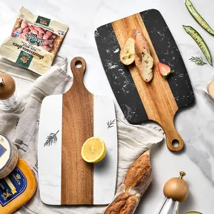 Marble And Acacia Wood Cutting Board Patchwork Cheese Board With Handle Hanging Hole Kitchen Serving Platter Charcuterie Board
