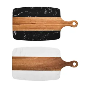 Two-tone marble and acacia wood cutting board set for cheese or kitchen vegetables