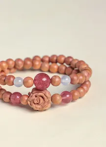Natural cedarwood rose beaded bracelet with strawberry quartz and white agate beads