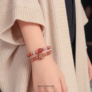 Double-layer cedar wood bracelet with rose carving, strawberry quartz, and white agate beads