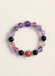 Elegante pulsera de cuentas con amatista natural, súper siete y piedras negras.