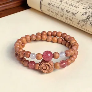 Natural cedar wood double-strand bracelet with carved rose bead and strawberry crystal