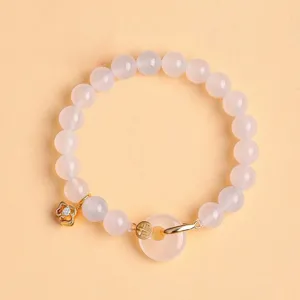 Natural Rose Quartz White Agate Beaded Bracelet For Women Fashion High-end Ping'an Buckle Agate Alloy Rhinestone Hand Jewelry Gift