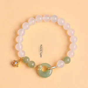 Natural white agate and green jade bead bracelet with peace buckle pendant and gold charm