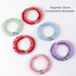 Multicolor natural crystal beaded bracelet set with magnetic silver clasps